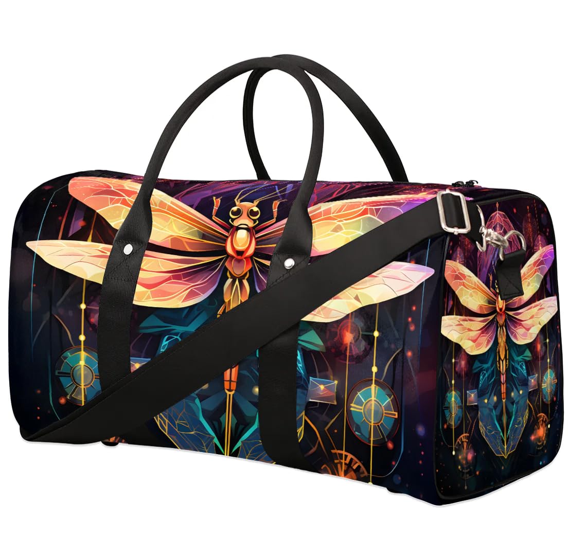 Obtravar Colorful Dragonfly Travel Duffel Bag for Women Men Waterproof Foldable Overnight Weekender Bag Large Capacity Sports Gym Bag
