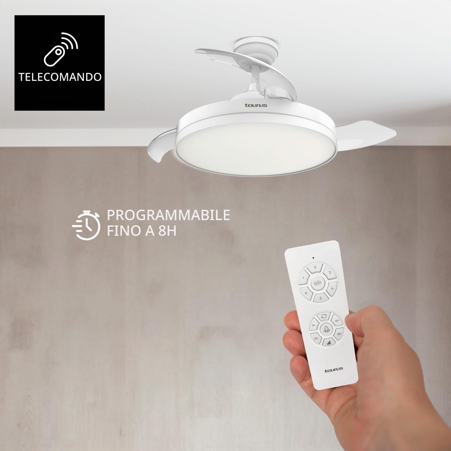 Taurus – Ventilatore da Soffitto con Luce Fresko Hide&Go | 3 Pale | Ultra silenzioso | Timer 8h | 6 Velocità | Telecomando | Programmazione | Motore DC | Bianco