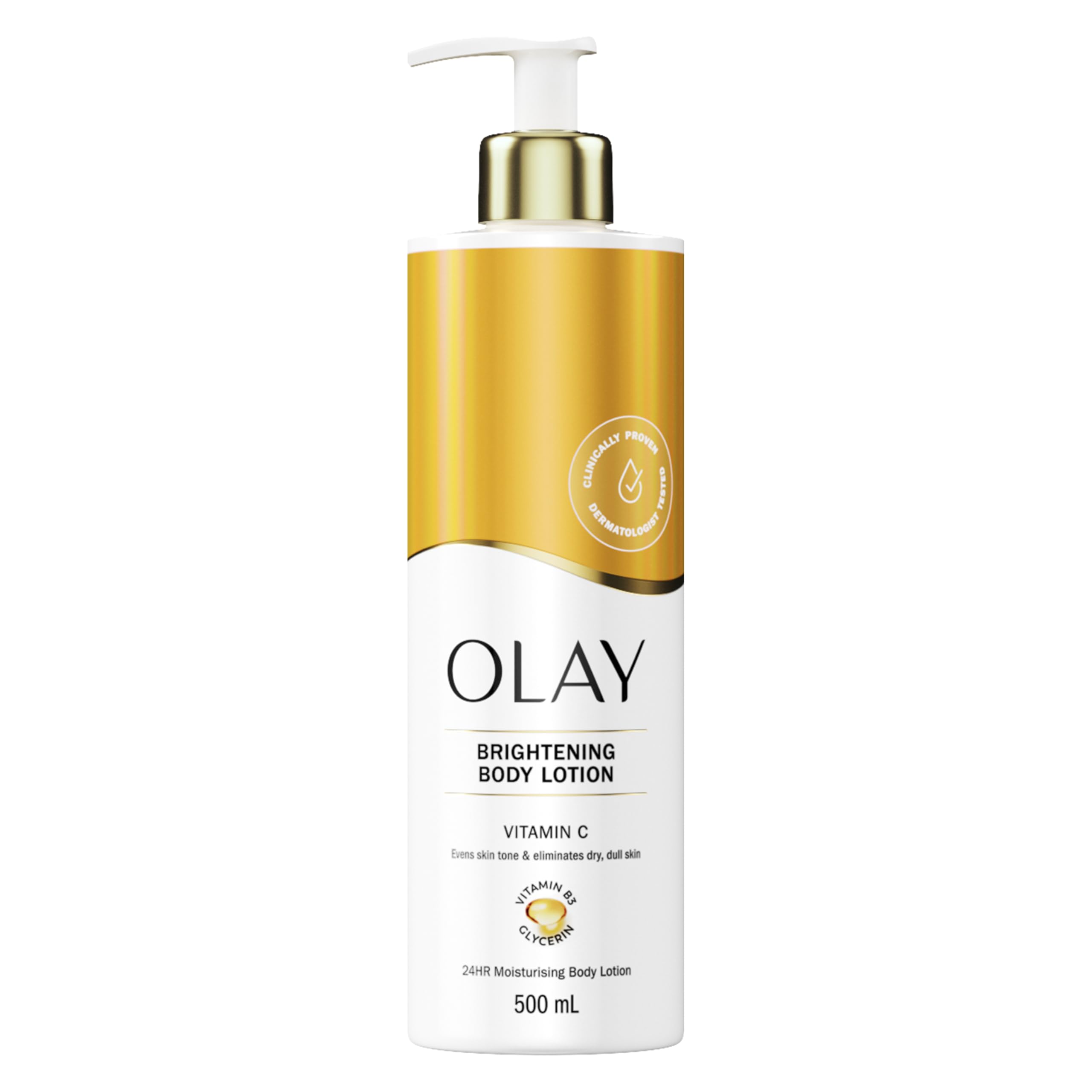 Olay Lotion pour le corps à la vitamine C, vitamine C, vitamine B5 B3, glycérine, peau lisse et hydratée, sans résidu gras, 500 ml