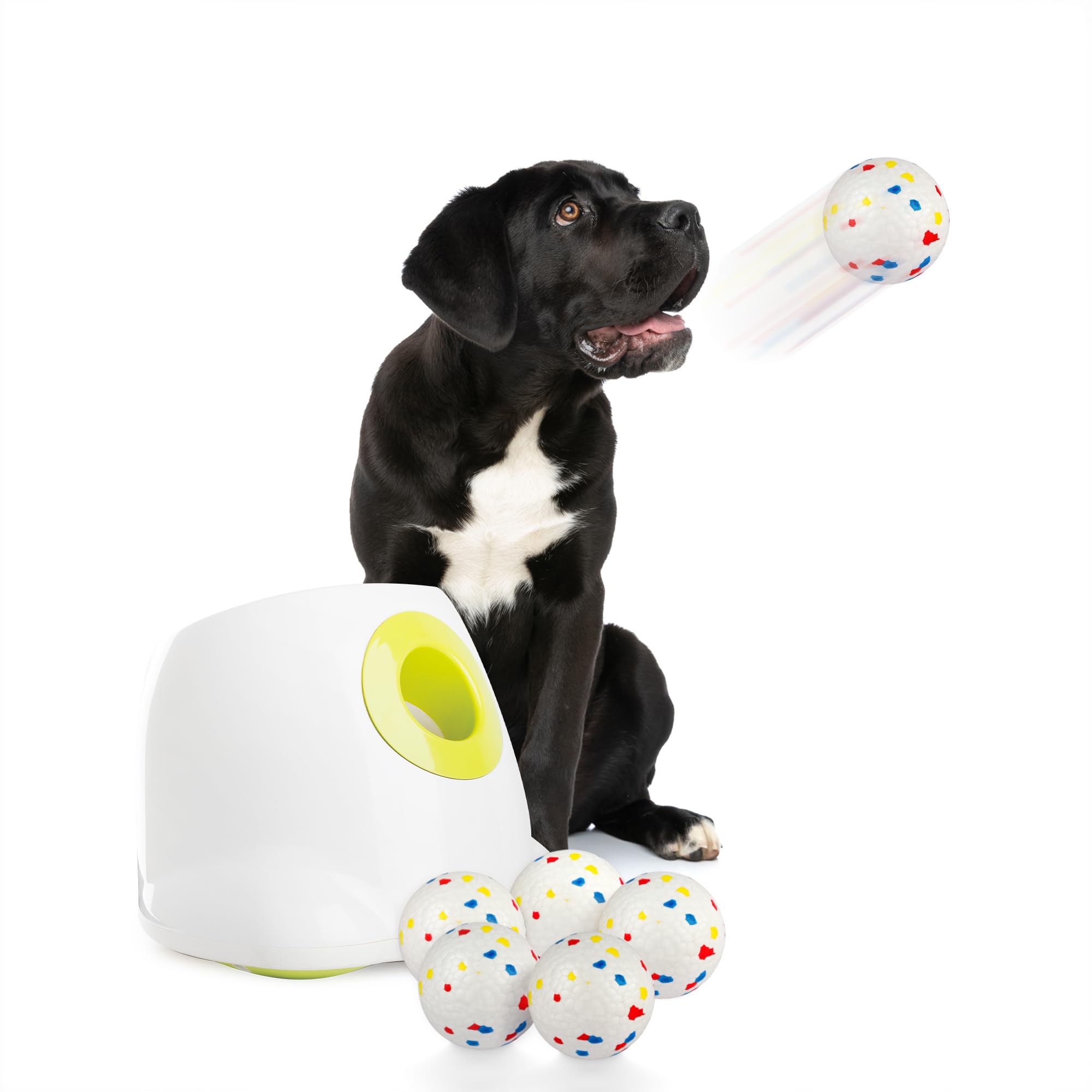 ALL FOR PAWS Automatyczny wyrzutnik piłek dla psów z 6 szt. kulkami 6,35 cm z ETPU, automatyczna maszyna do rzucania piłek dla dużych psów, interaktywna zabawka do psów do ścigania się (Ulepszona Max