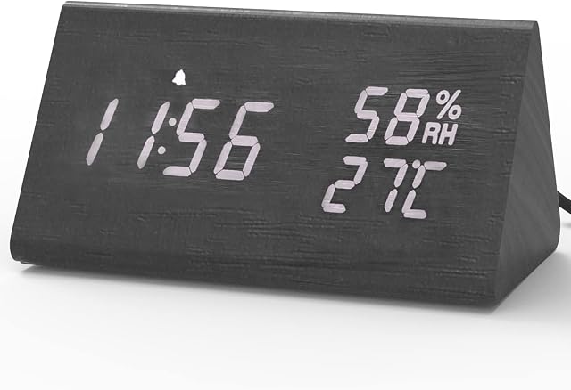 aboveClock Digital Alarm Clock, Wooden Bedside Clock with Clear LED Display, Snooze Function, Brightness Adjustable, Temperature and HumidityUSB Cable Operated