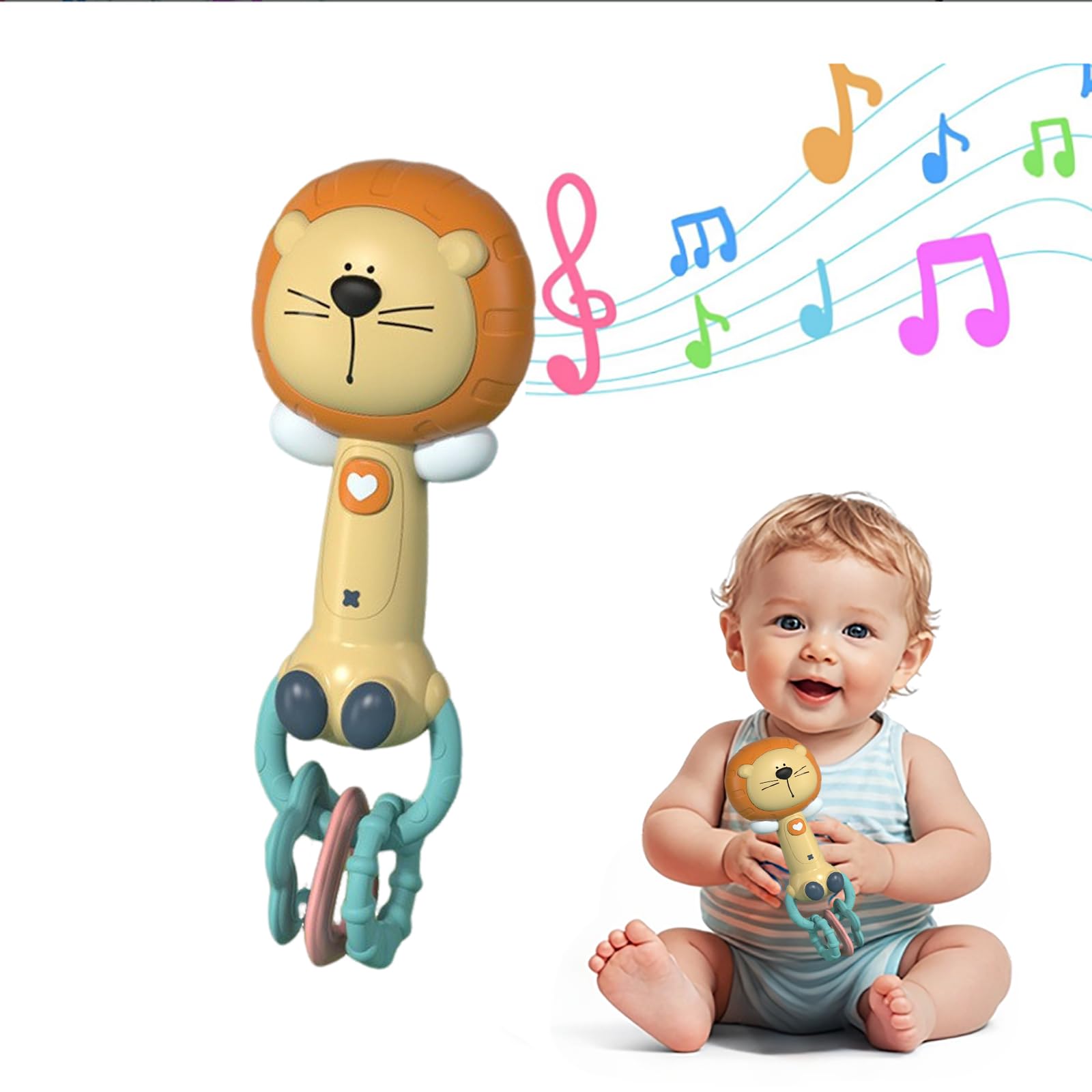Baby Musical Rattles - Baby Teething Toys with Music and Light, for Toddlers Sensory Chew and Fine Motor Skills Toy Baby Toys for 6 Month+ Babies (Lion)