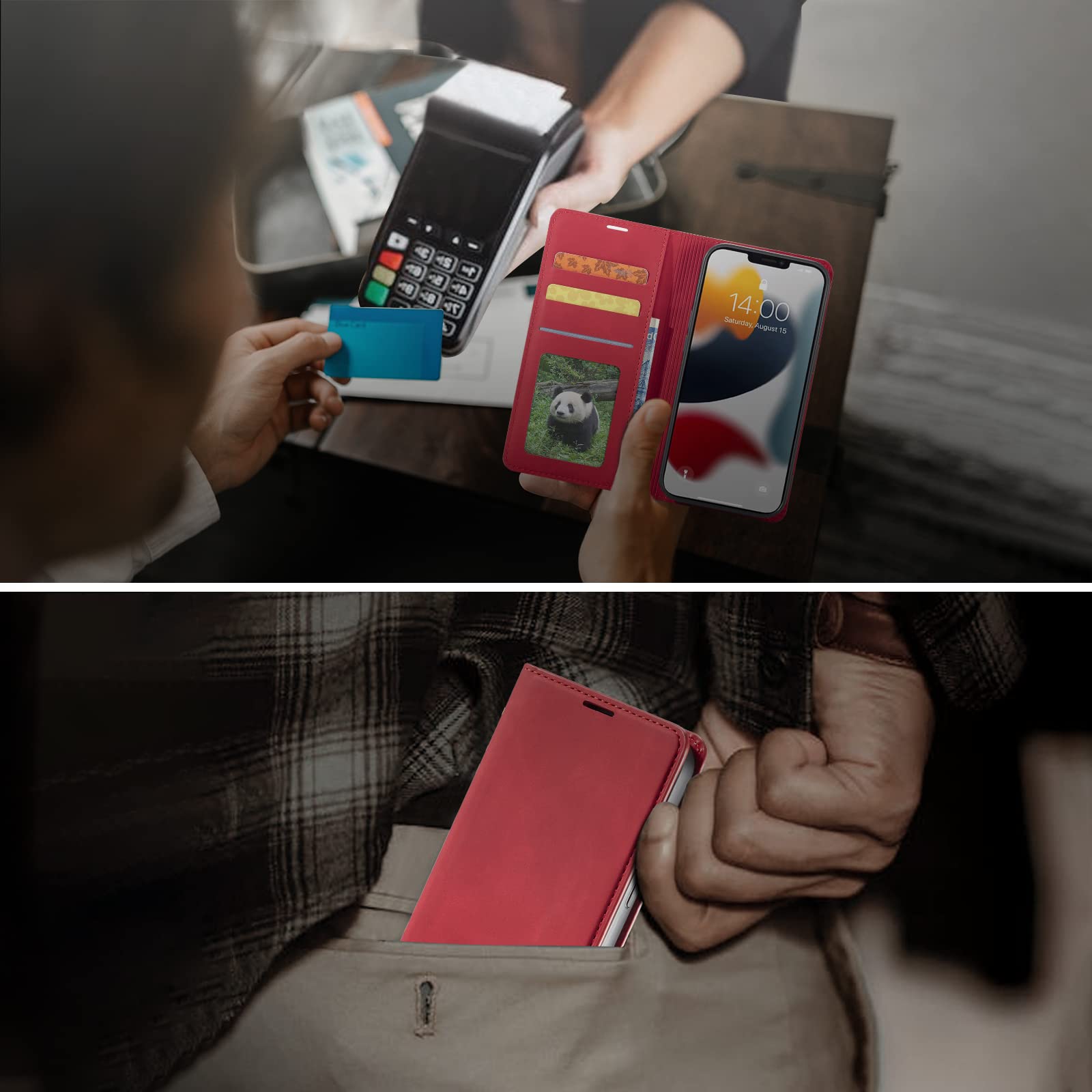 EYZUTAK Funda Tipo Cartera Para Teléfono Samsung Galaxy A15 4G/5G, Retro Mate, 9 Ranuras Para Tarjetas, Bolsillo Con Cremallera, Cierre Magnético, Función Atril Con Correa Para La Muñeca, Color Rojo