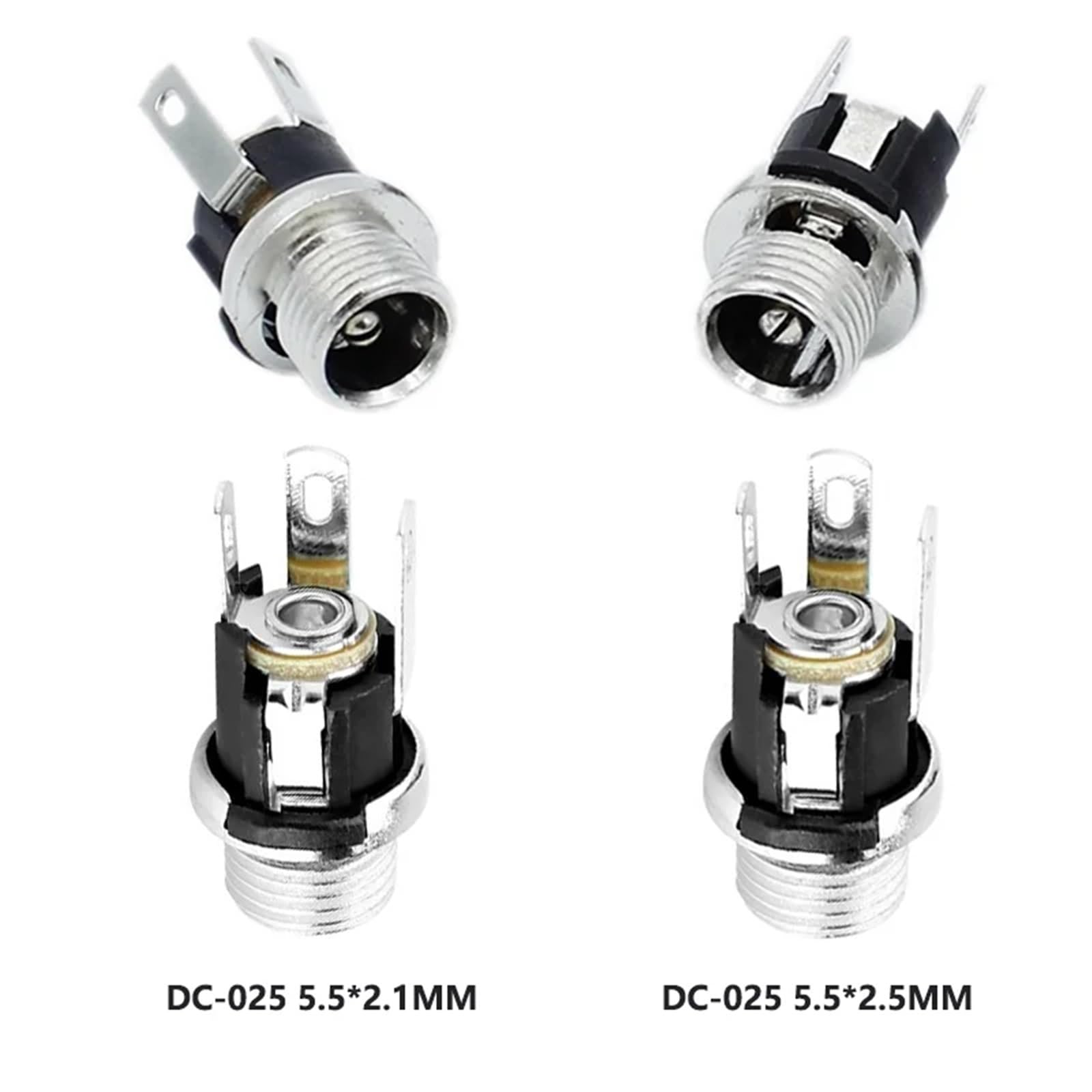 Jack di alimentazione CC, 200 pezzi, 5,5 x 2,1 mm, 5,5 x 2,5 mm, prese CC con dado, presa jack di alimentazione CC, connettore femmina per montaggio a pannello, per audio auto, laptop, lettori MP3