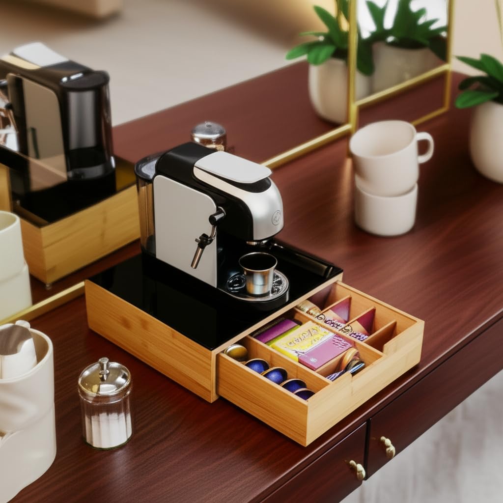 BRICOZONE Cassetto Porta Cialde in Bambù Con Ripiano in Vetro Organizer Per Capsule Caffè Con 4 Scomparti Salvaspazio Elegante Per Angolo Caffè