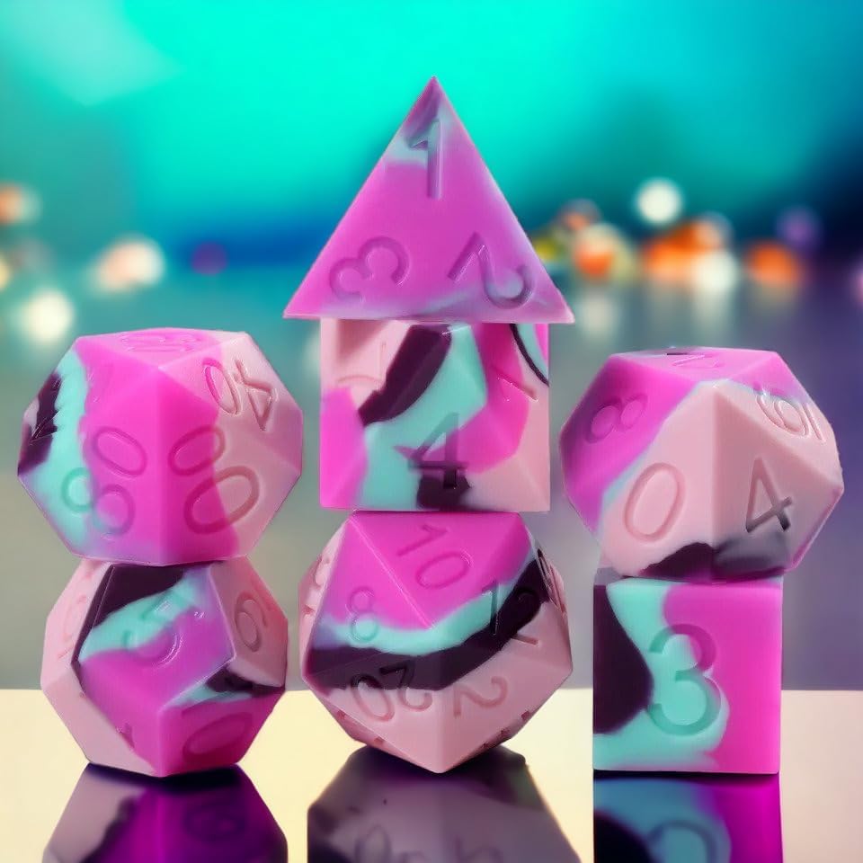 Juego de dados de silicona DND, Dungeons and Dragons D&D RPG poliédricos blandos y hinchables de goma D y D con estuche protector (rosa, rosa, azul