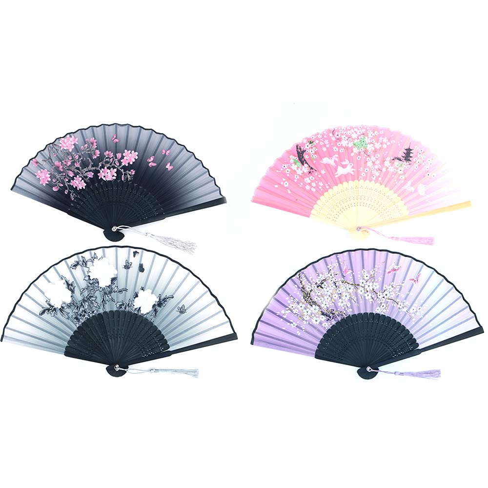 Ancllo Women's #6 4 Pieces Folding Fans Handheld Fans Bamboo Fans With Tassel Hollowed Bamboo Hand Holding Fans For Wall Decoration, Gifts