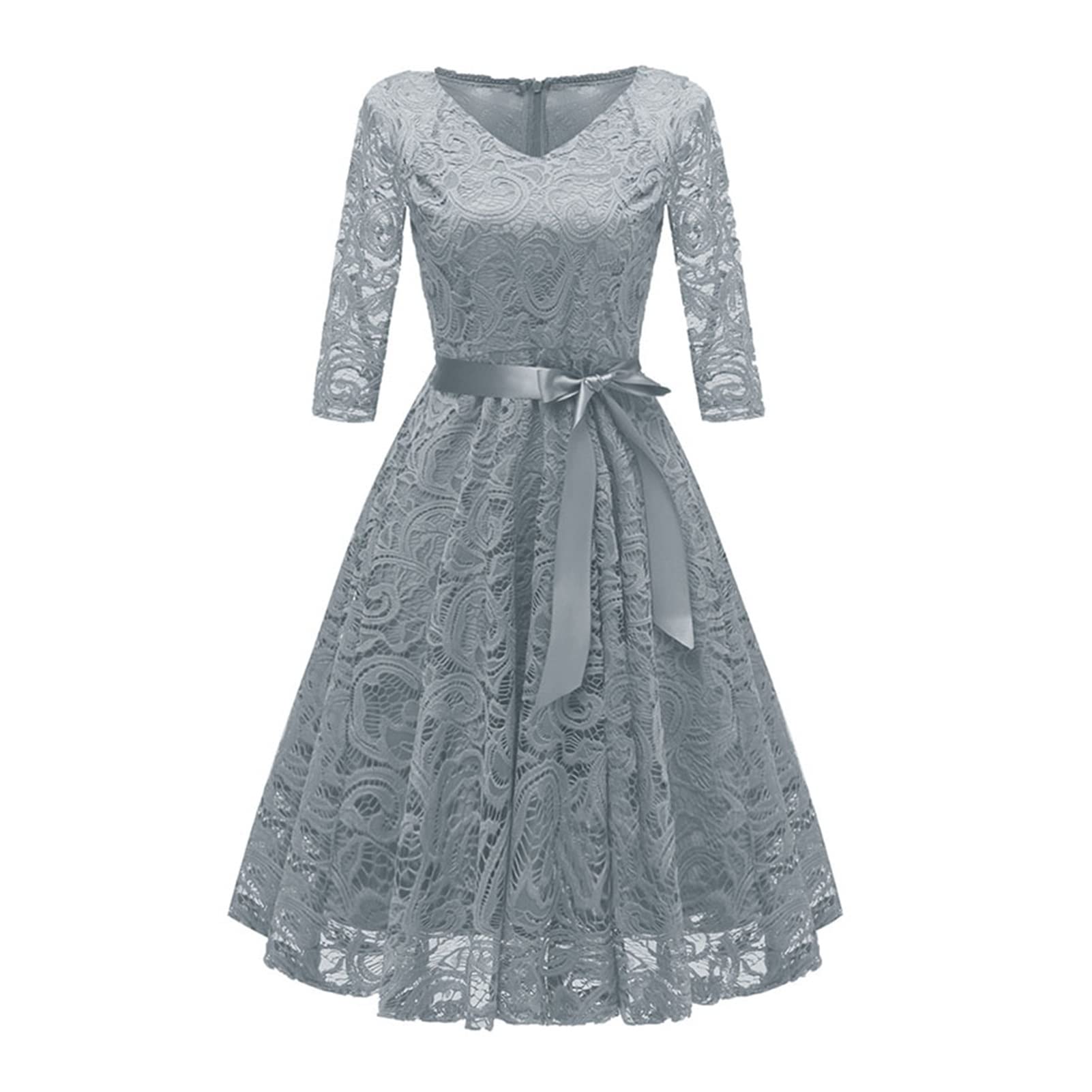 Elegant Lace Evening Dress Women V Neck 3/4 Sleeve Belt Dress