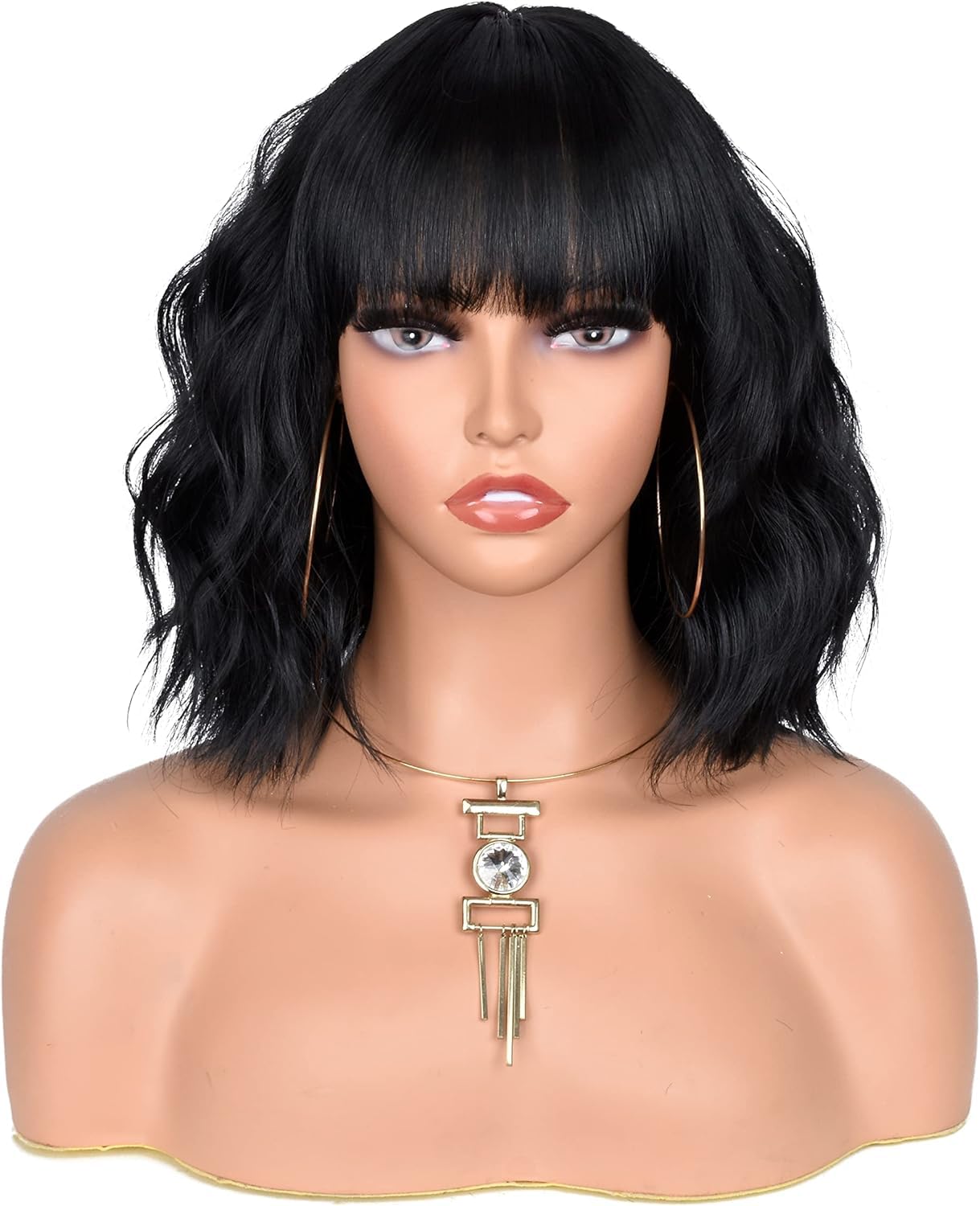 ISAMY Short Bob Wigs With Air Bangs Shoulder Length Women's Wig Bob Curly Wavy Synthetic Cosplay Wig for Girls Daily Use Colorful Wigs (Black) - Image 2