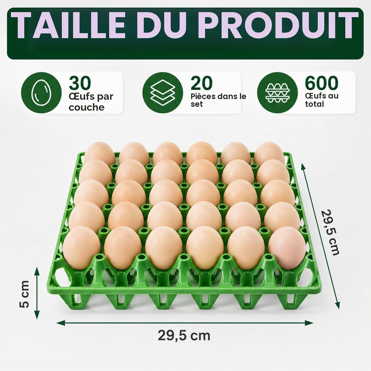 CYEER Lot de 20 Plateaux à Œufs en Plastique Vert, Alvéoles pour 30 Œufs Empilables, Casier Lavable pour Élevage de Poules, Transport et Vente sur Marché (Capacité 600 Œufs)