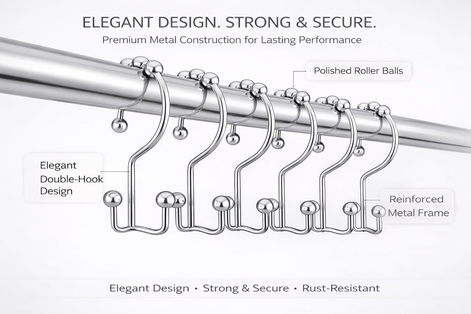 Double Shower Curtain Hooks with Roller Balls, Rust Resistant Metal Shower Curtain Rings, Set of 12 (Chrome)