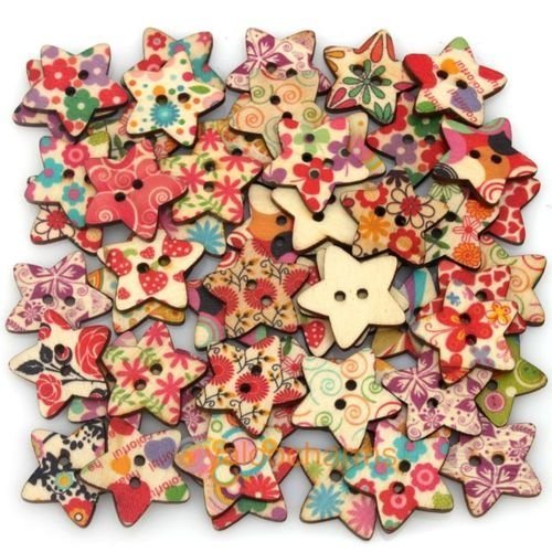 Star Shaped Painted 2 Hole Wooden Buttons 25mm x25mm (Pack Of 25pcs) by iWorldApparel Cover