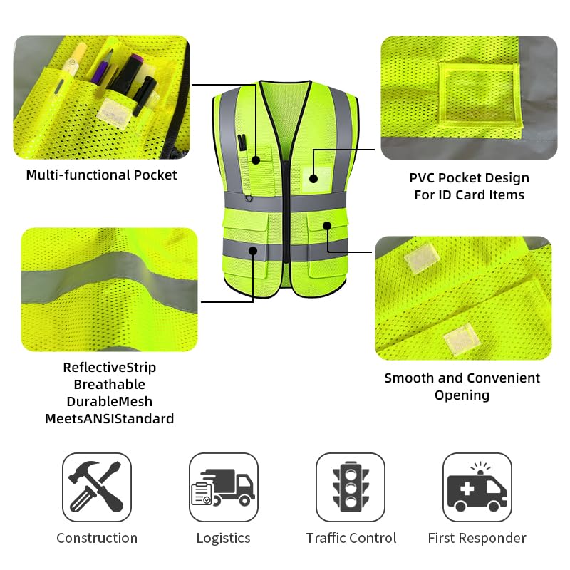 Image of High Visibility Safety Vest with Reflective Strips & Pockets | High Visibility | 360 Reflective Strips | 5 Pockets | Zipper Front | Lightweight Polyester | ANSI /ISEA 107 Class 2 Type R