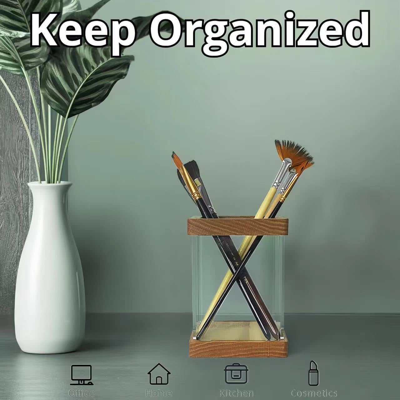 Portalápices estético Transparente para Escritorio, Organizador de Pinceles de Maquillaje de Madera acrílica, Suministros de Oficina, decoración de cubículos