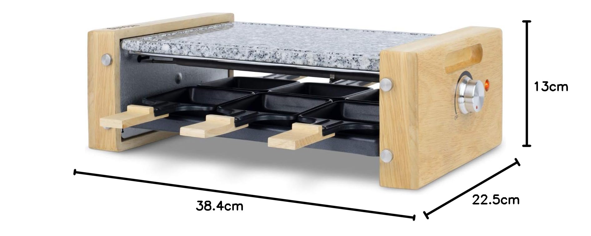 H.Koenig Apparecchio multifunzione per raclette 6 persone WOD6, Professionale, Raclette, Fonduta, Pietra di granito e legno naturale, Piastra rimovibile, 6 teglie e 6 spatole di legno, 900W