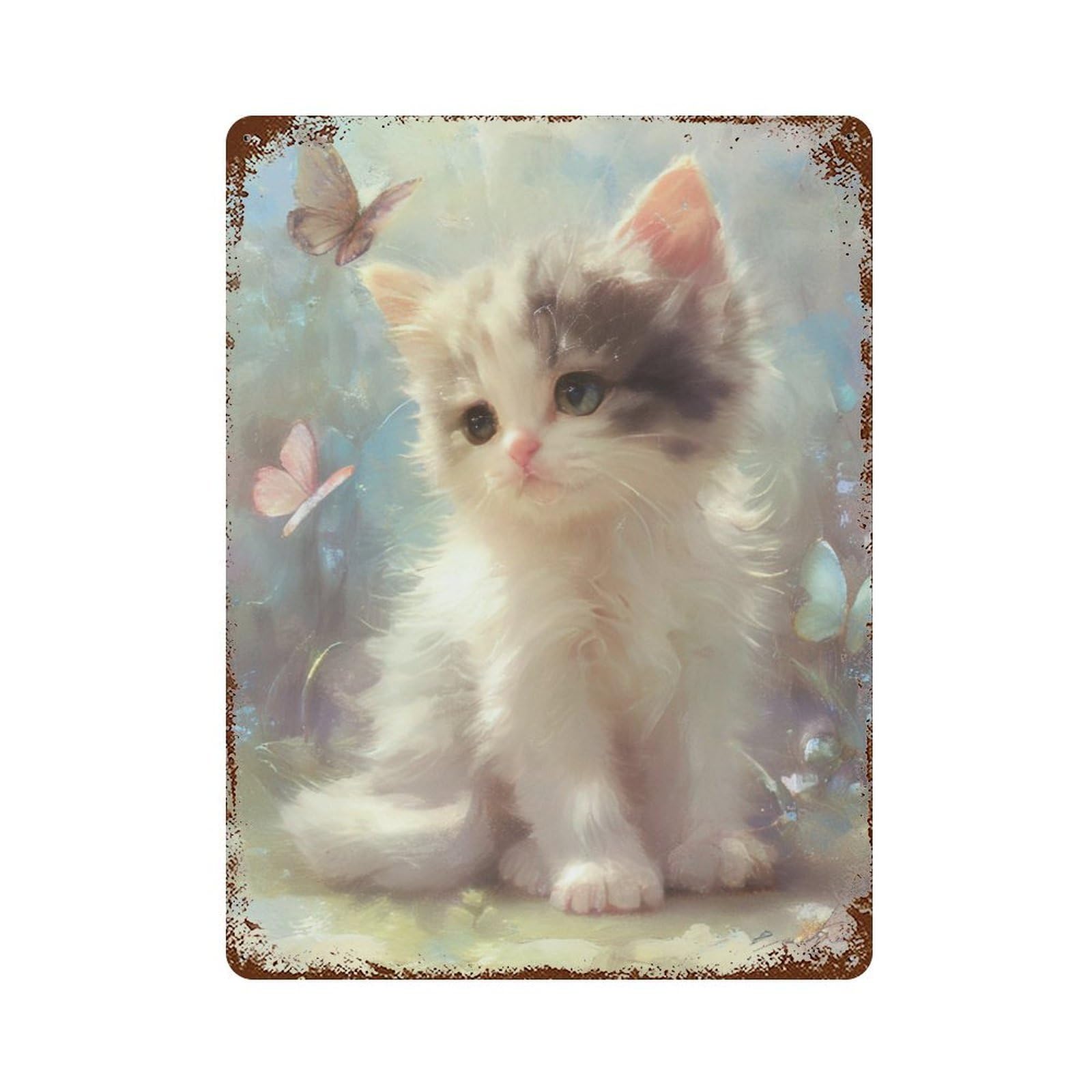 Fluffy Kitten with Butterflies Weathered Tin Sign 15.7"x11.8", Rustic Home Decor for Office, Studio And Wall Decor