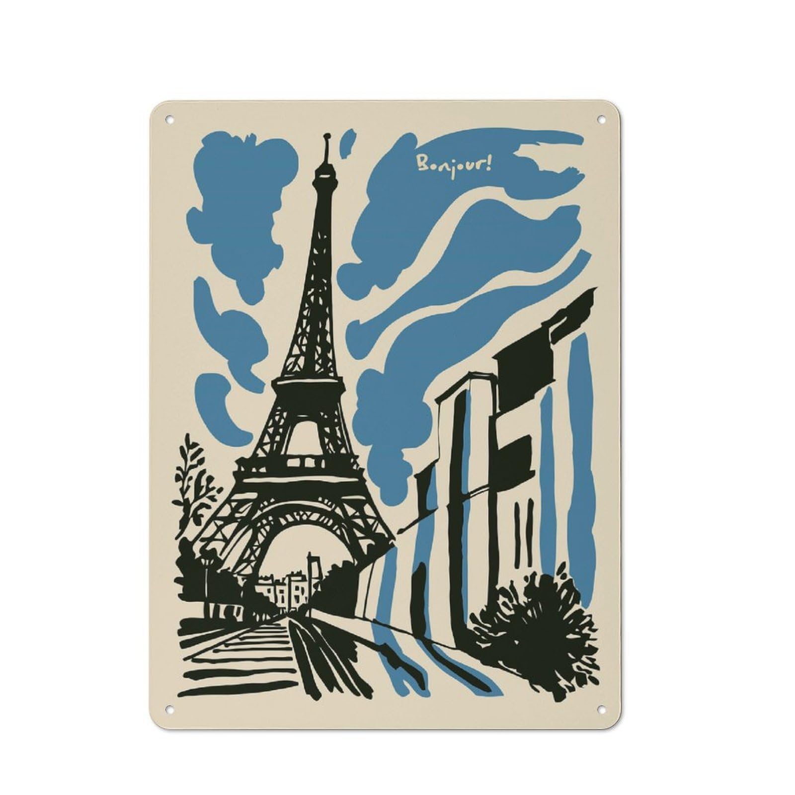 Eiffel Tower Illustration with Bonjour Text Distressed Look Metal Wall Decor 40x30cm, Vintage Tin Sign for Living Room, Hallway, Kitchen Or Cafe