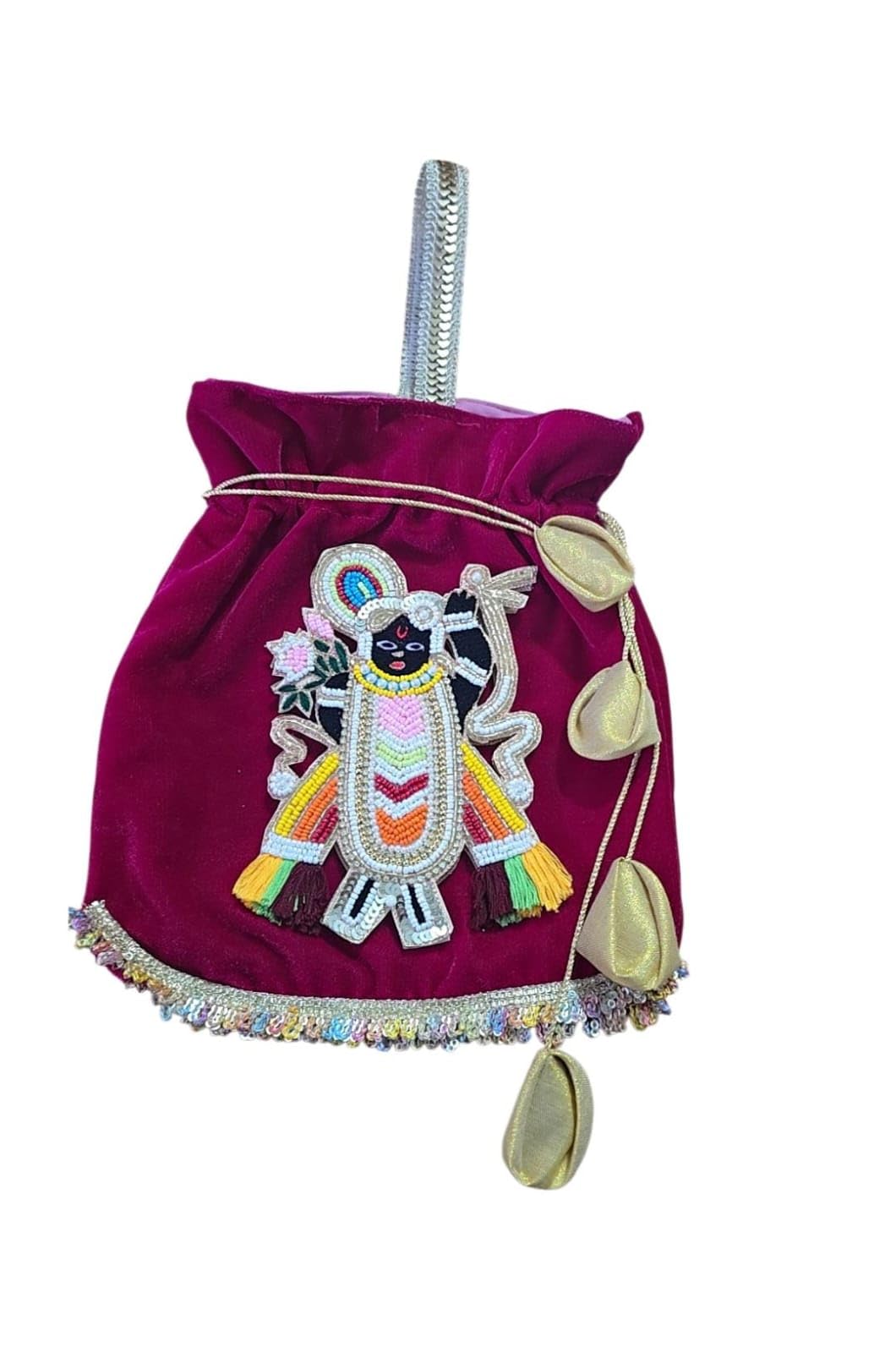 Women's Velvet Potli Bag with Shrinathji Beadwork Embroidery, Drawstring Pouch for Festive Occasions-image-35