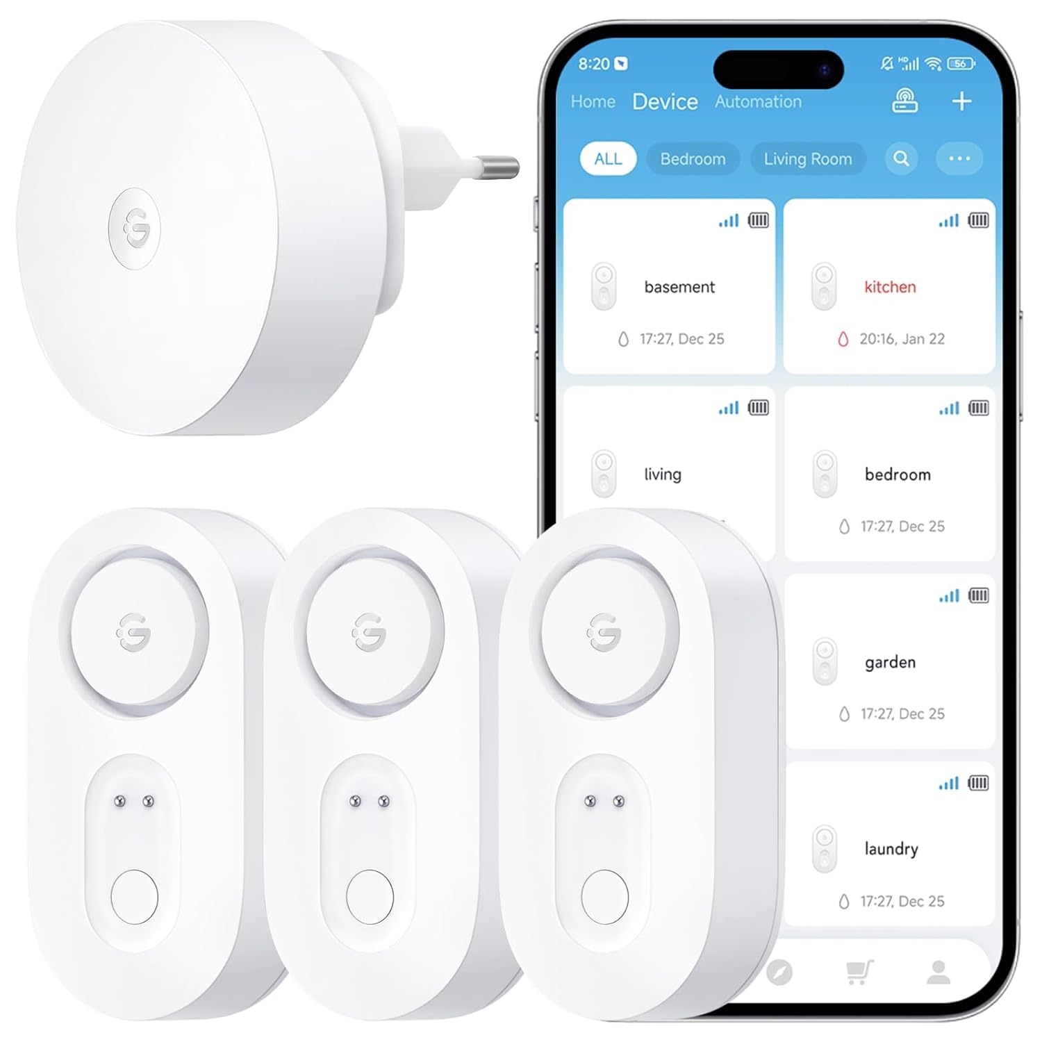 GoveeLife Rilevatore d'acqua intelligente aggiornato 1s con portata ultra di 550 m, sensore dell'acqua Wi-Fi con push email/app e allarme acustico, durata della batteria di 5 anni, adatto per cantina