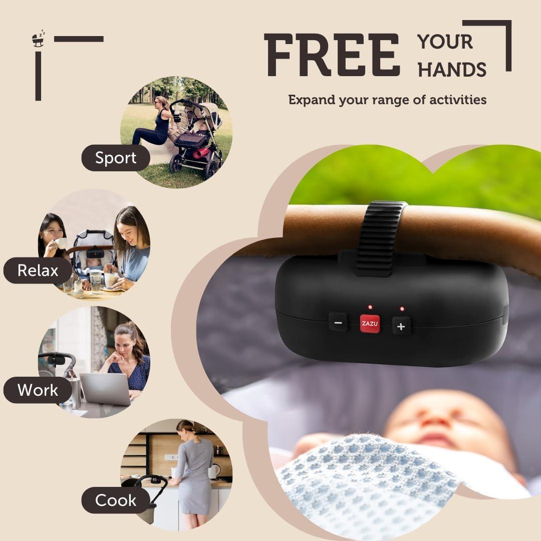 ZAZU Robby Kinderwagenschaukler mit Babyschreisensor – automatischer Baby Rocker für Kinderwagen & Buggy, 5 Wiege-Stufen, 40-Minuten-Timer, USB-C Akku, IPX1 spritzwassergeschützt, Schwarz
