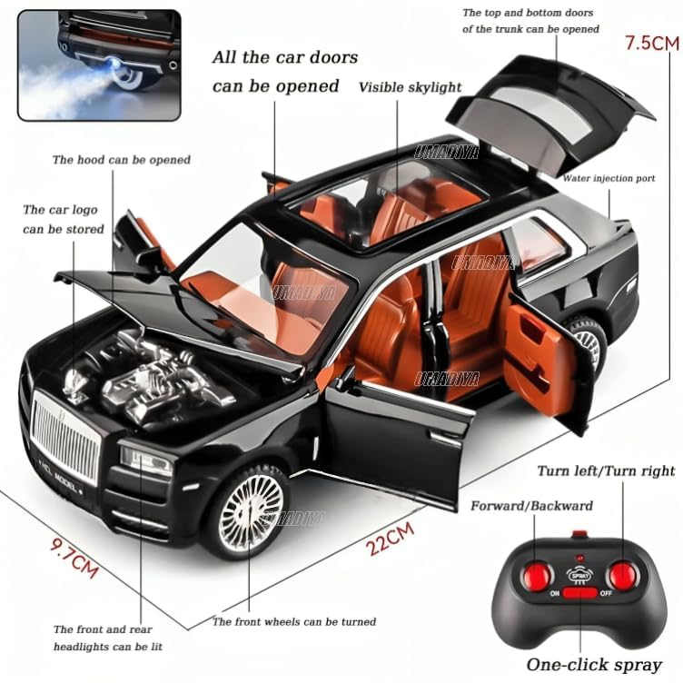 Image of Royals hub 1:22 Scale Rolls-Royce Cullinan Model Car with Smoke Fog & High Speed 7 Functions Metal Rechargeable Remote Control Car with Openable Doors, Spray Effect & Light for Kids Multi-Color