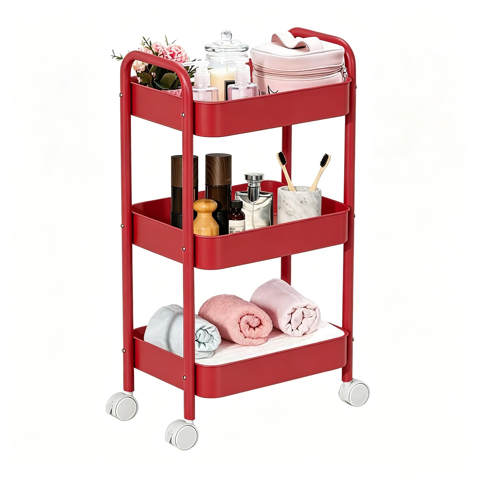 MEETOZ 3-Tier Rolling Utility Cart with Caster Wheels,Easy Assembly, for Kitchen, Bathroom (Red)