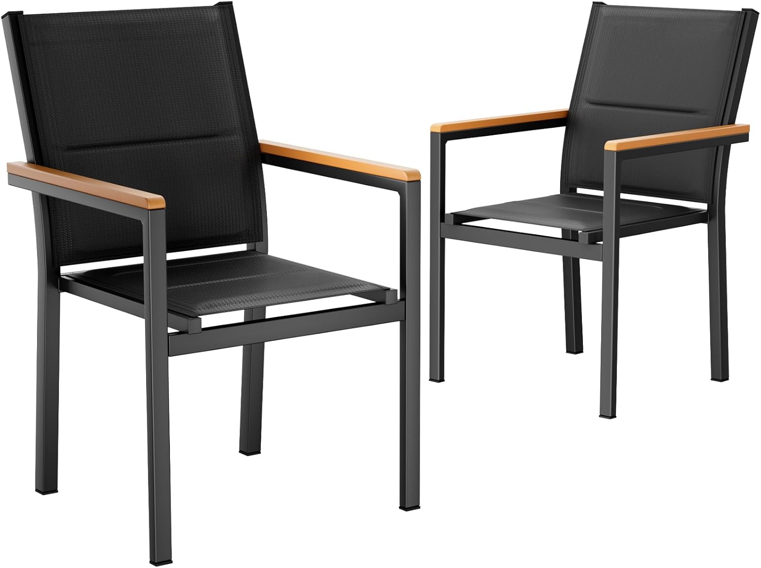 LIFERUN Patio Chairs Set of 2, Stackable Aluminum Outdoor Chair with Padded Textilene & WPC Handrail, 17" Seat Height, All Weather Chair for Patio, Balcony, Poolside & Restaurants, Black