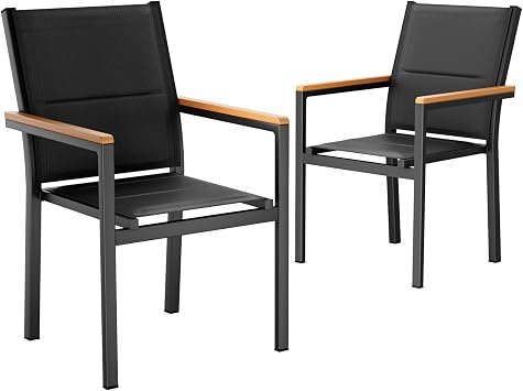 LIFERUN Stackable Patio Chairs Set of 2, Stackable Aluminum Outdoor Chair with Padded Textilene & WPC Armrests, 17" Seat Height, All Weather Chair for Patio, Balcony, Poolside & Restaurants, Black