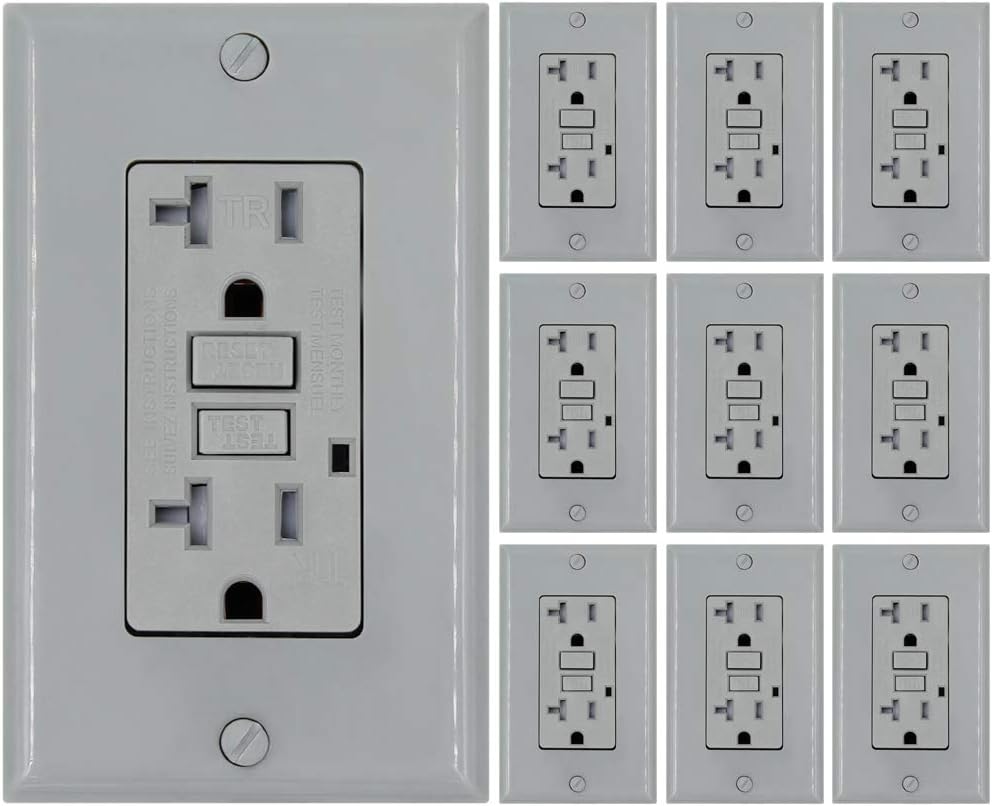 20 Amp GFCI Wall Outlet Receptacle - Grey 10 Pack, 125 Volt Tamper Resistant Duplex with LED Indicator Light. UL Listed and Comes with Wall plate and Screws.