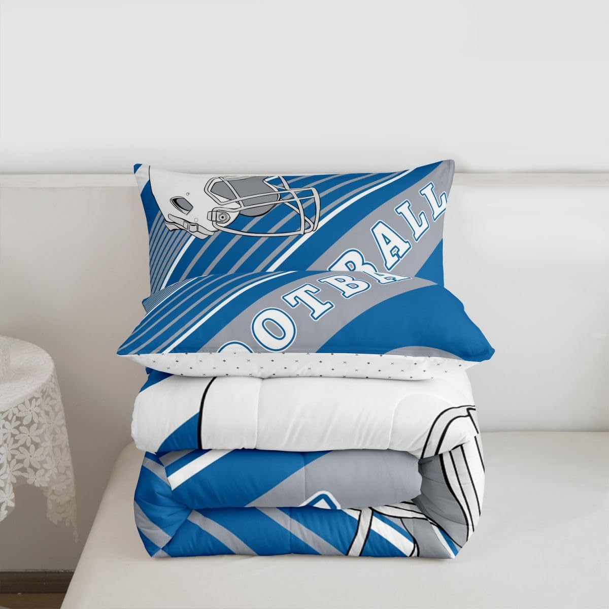 Erosebridal Sports Football Bedding Comforter Sets White and Sky Blue Rugby Helmet Bedding Full, Football Themed Comforter Set Retro 3D Ball Game Quilt with 2 Pillowcases - Image 7