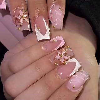 Press on Nails Short Square Shaped Acrylic Extra Short Length Square False Nails with Designs Artificial Fake Nail with Charms Glue Stick ons Fingernails for Women Girls(K903)