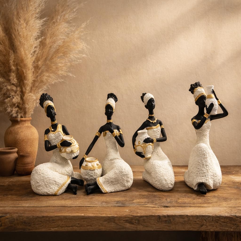 Vibrant Beautiful Finish Uniquely Hand Crafted Home Decor African Tribal Women Art Piece (African Lady Sitting Set of 4)-image-48