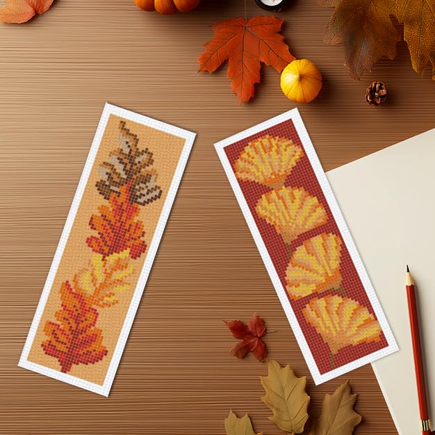 Image of INFUNLY 6PCS Falling Leaf Cross Stitch Bookmark Kit for Adults Autumn Cross Stitch Kits DIY Crossstitch Kits Maple Leaves Stamped Embroidery Bookmark Kit with Instructions for Book Lovers Readers