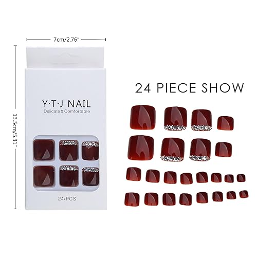 Miniatura 3 de Uñas postizas a presión para los dedos de los pies, uñas postizas cuadradas de moda, uñas artificiales de acrílico para pies, color vino)