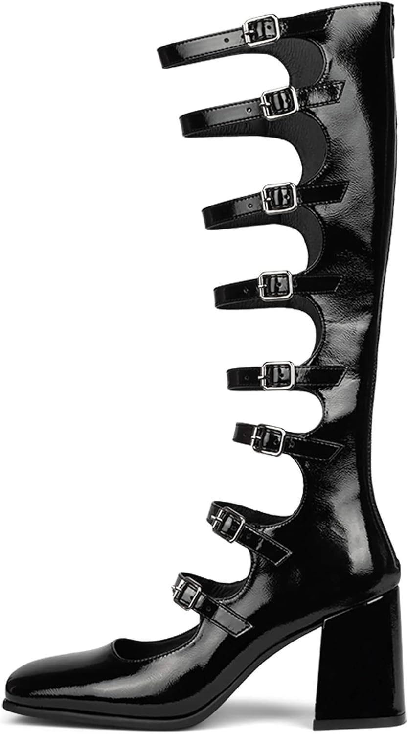 Jeffrey Campbell Monsieur Black Crinkle Patent Fashion Open Knee Gladiator Boots