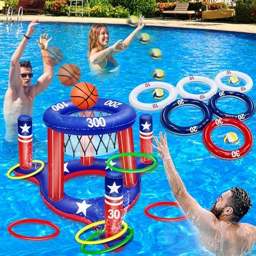 American Flag Pool Toys Games Set, Inflatable 2-in-1 Floating Bas...