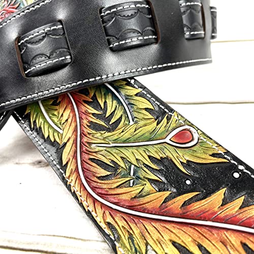 Walker & Williams Lc-61 Handmade Super Premium Black Leather Guitar Strap With Carved Phoenix Rising Design And Soft Peccary Back For Acoustic, Electric, And Bass Guitars #TOP7