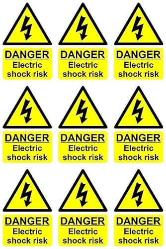 Danger electric shock risk safety sign - Pack of 9 100mm x 66mm Self adhesive stickers - Self adhesive stickers on sheet (300mm x 200mm)