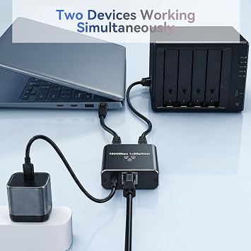 Gigabit Ethernet Splitter 1 to 2, 1000Mbps Black Network Splitter Dual Port RJ45 Port Extender, Compatible with Router/PC/TV/Gaming Console Cat6/Cat7 Cables.