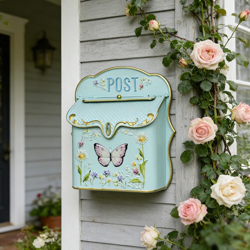 Mailbox Wall Mount Mailboxes for Outside Vintage Mail Boxes for House Outside Metal Drop Box Antique Style Nostalgic Charm Home Decorative Butterfly Green
