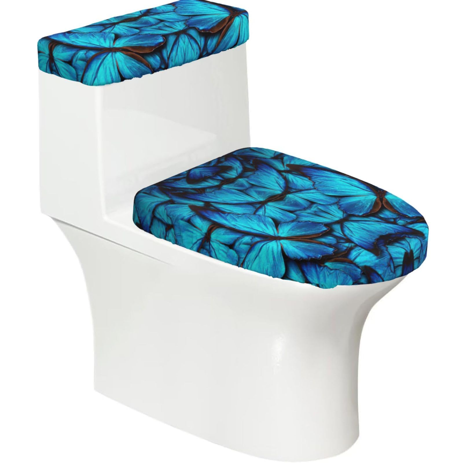 Many Blue Butterfly Print Stretch Toilet Covers Set, Polyester Covers Replacement For Fits Most Size Lids Bathroom Decor