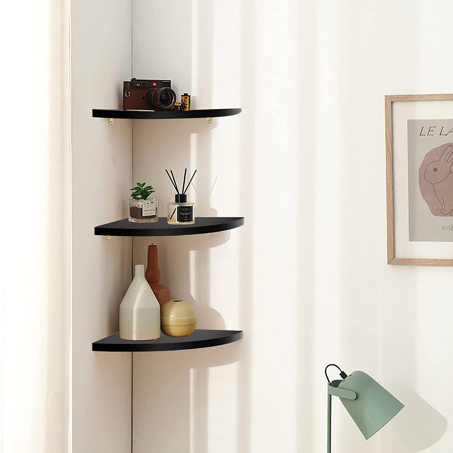 Suwimut Set of 3 Corner Shelf Wall Mount, 25cm/9.8 inch Black Floating Corner Shelf Organizer - Image 2