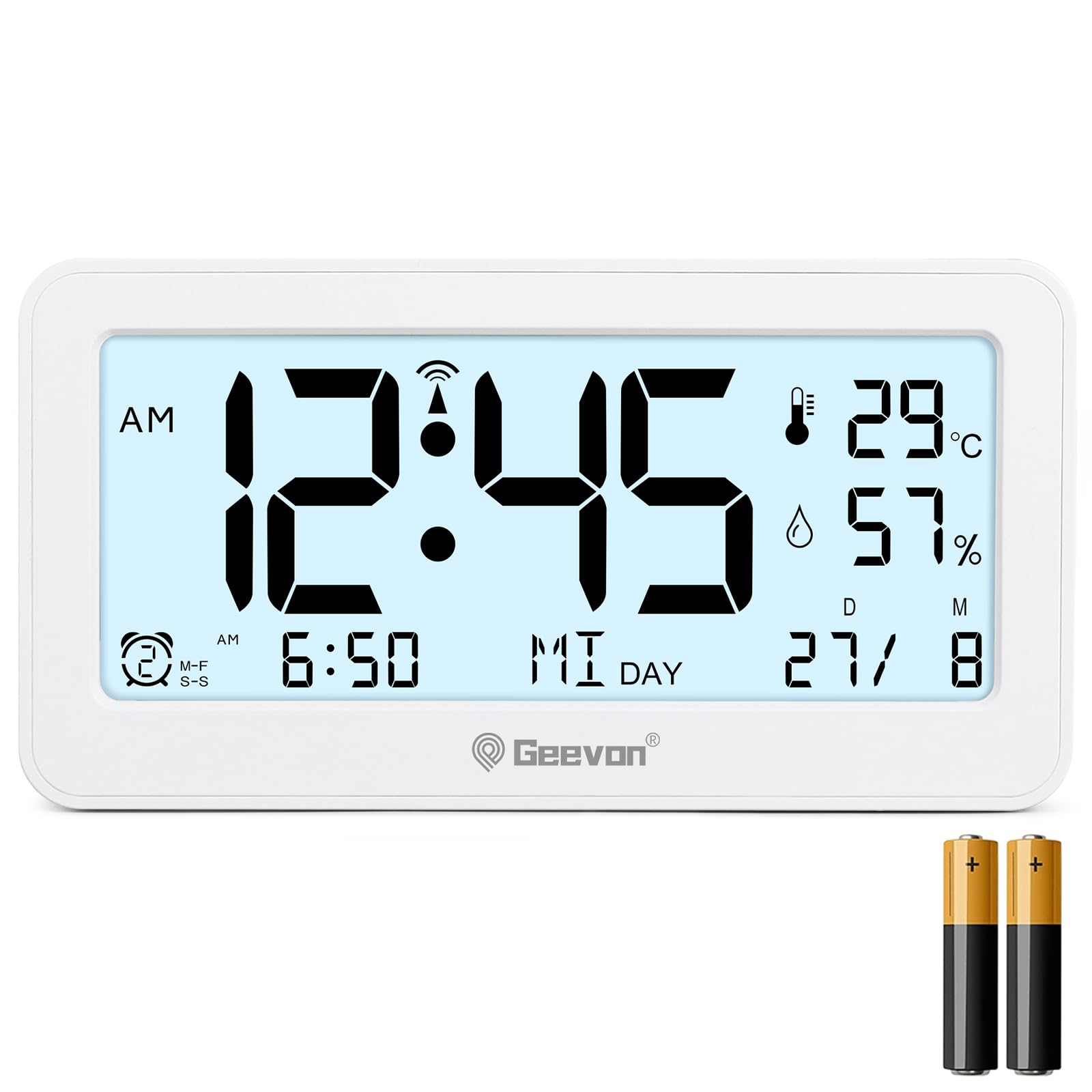 Geevon DCF Digital Alarm Clock, Radio Alarm Clock with Temperature/Humidity LED Display, Two Alarm Clock Options, Easy, Operation, Decorative Clock for Bedroom, Table and Living Room (347 White with