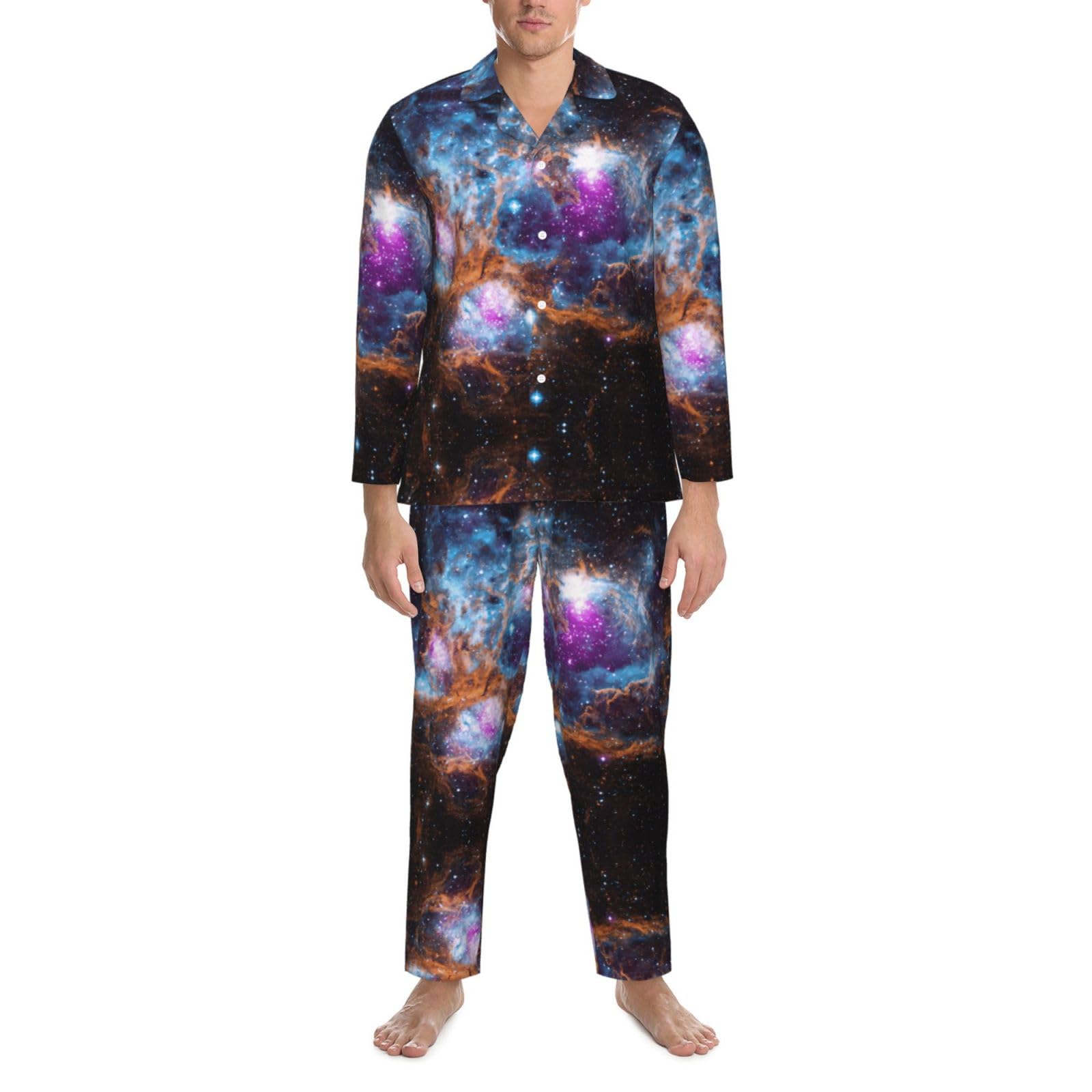 Conjunto de pijama para hombre con estampado de galaxia y galaxia, pijama suave de manga larga con botones y bolsillos