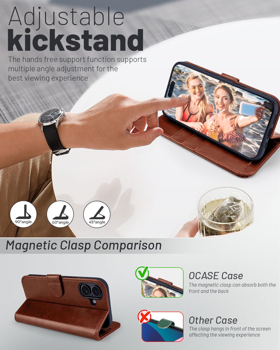 OCASE for iPhone 16 Plus Case, PU Leather Wallet, Magnetic Flip Folio Cover with RFID Blocking, Card Holders, Shockproof TPU - Image 4