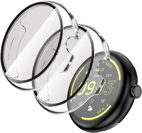 AMANECER 2 Pack Screen Protector Case for Pixel Watch 3 45MM, Protective Face Cover with Touch Sensitive Ultra-thin 11H Tempered Glass, Anti-Scratch Hard PC Shell for Google Smartwatch 2024 - Clear