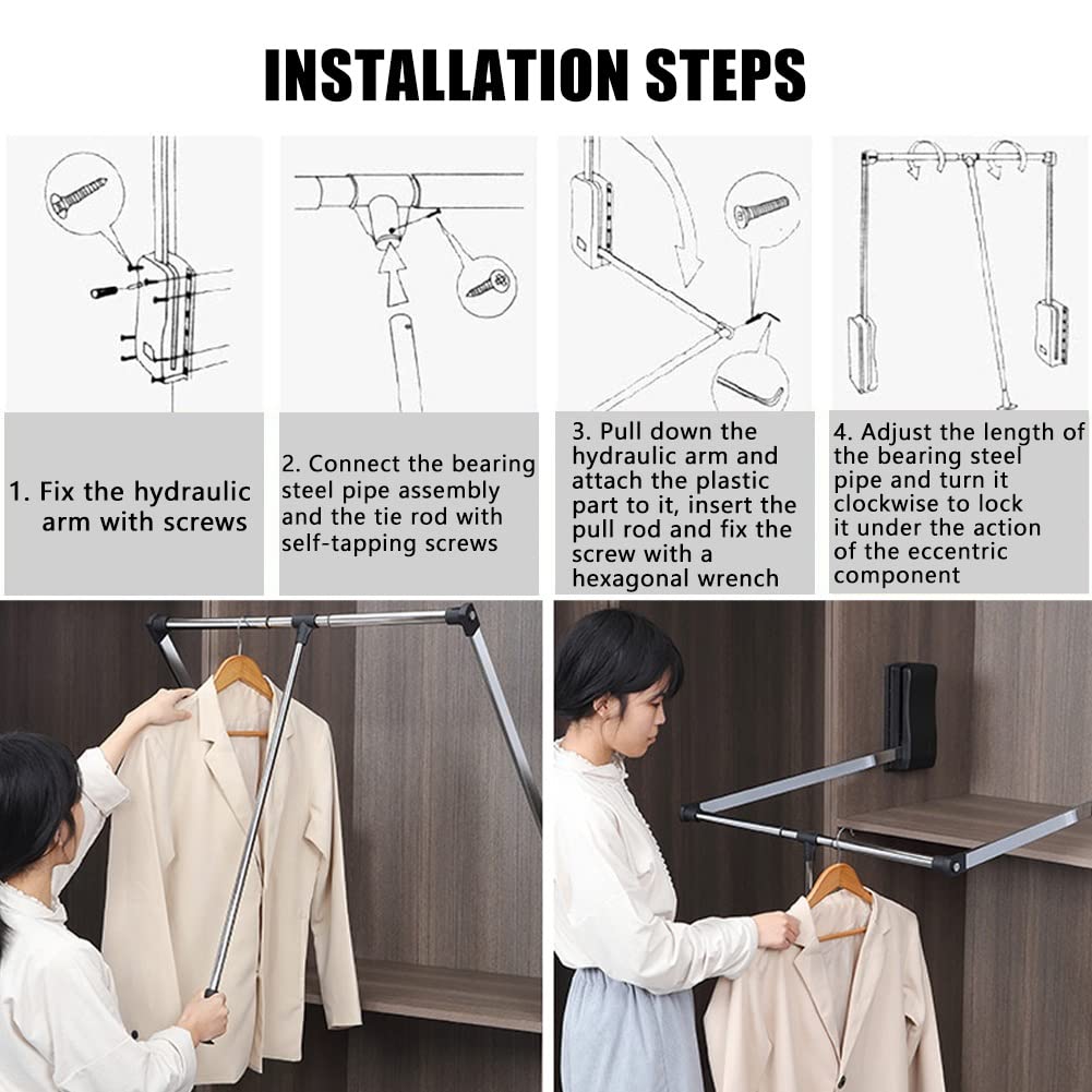 DYK&NX Appendiabiti Saliscendi Regolabile Armadio, ventole per Abiti Pieghevoli Bastone, Automatico con Apertura e Chiusura Assistita, Carico Massimo 40 kg, per Armadio Guardaroba (Size : 700-930mm)