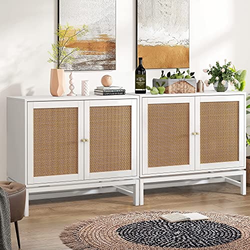 Recaceik Rattan Sideboard Buffet Cabinet, Bar Cabinet With Doors, Kitchen Cupboard Sideboards And Buffets With Storage, Rattan Console Table Storage Cabinet For Entryway, Living Room (White) #TOP3
