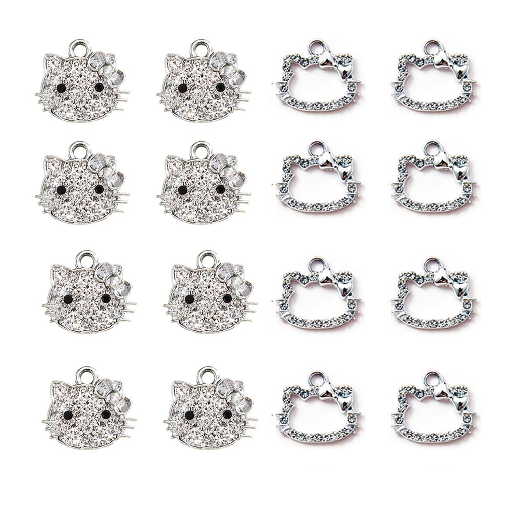 SMKT16 Pcs Bulk Cute Silver Charms Bling Full Clear Rhinestones Anime Cat Charms For Jewelry Making, Women Made Dangle Jewelry Pendant Charms Diy Cartoon Crafts Pop Anime Charms For Women