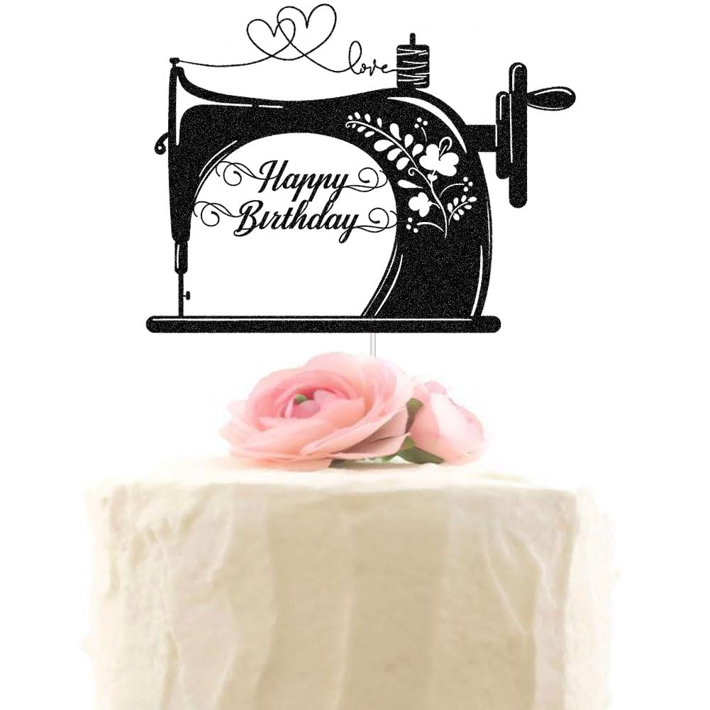 Nähmaschine Kuchen-Topper – Schwarz-glitzernd, 9,8x15 Cm – Geburtstagsdeko Für Schneiderin, Näherin Oder Hobby-Näher